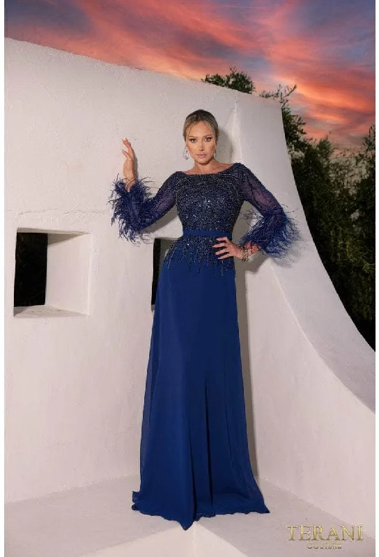 Terani Couture 241M2718 - Long Sleeve Feather Embellished Dress