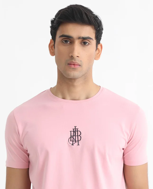 Rare Rabbit Men's Ware Pink Cotton Lycra Fabric Crew Neck Half Sleeves Regular Fit Embroidered Monogram T-Shirt