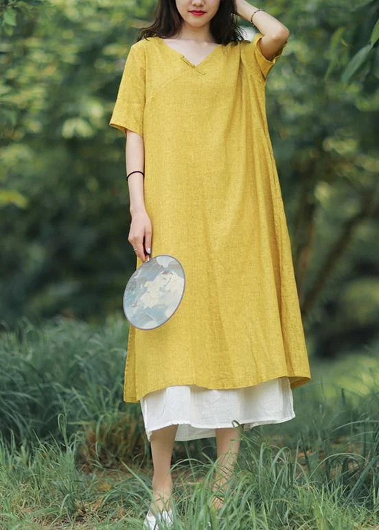 Women yellow linen cotton Robes v neck side open Art summer Dress