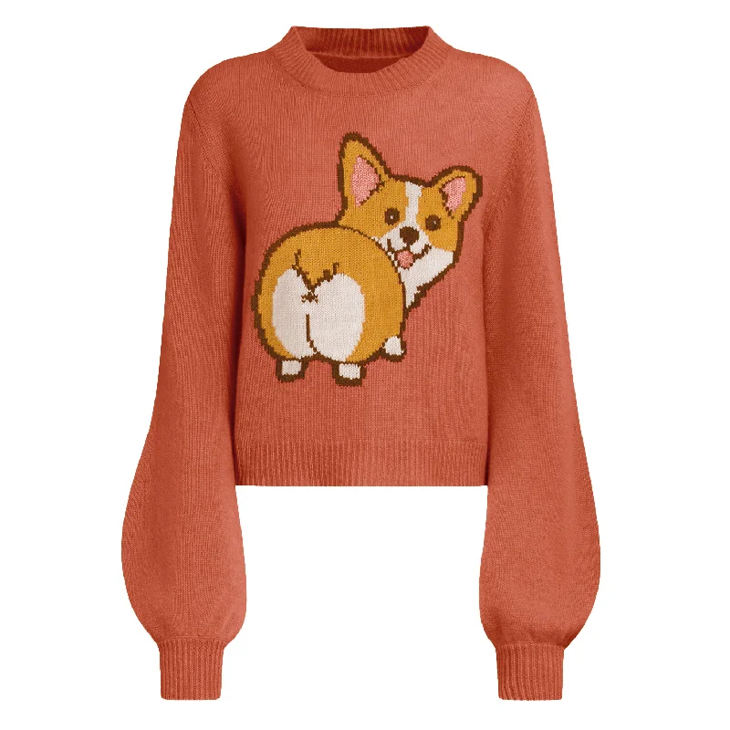 Women's orange corgi jacquard lantern sleeve sweater