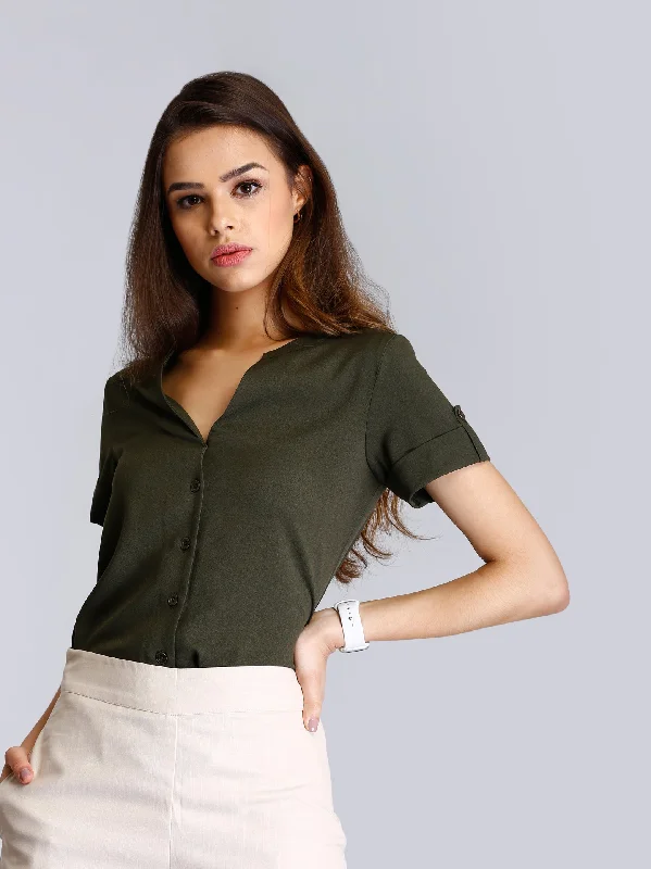 V Neck Folded Sleeve Top - Olive