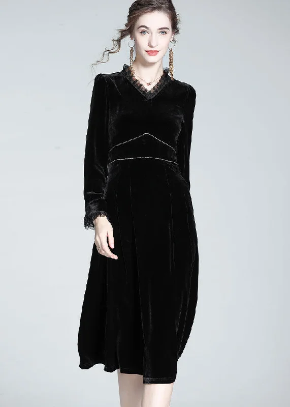 French Black Ruffled Patchwork Zircon Silk Velour Dress Spring