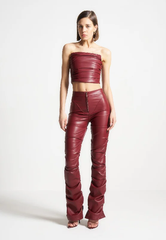 Tacked Vegan Leather Flared Trousers - Wine Red