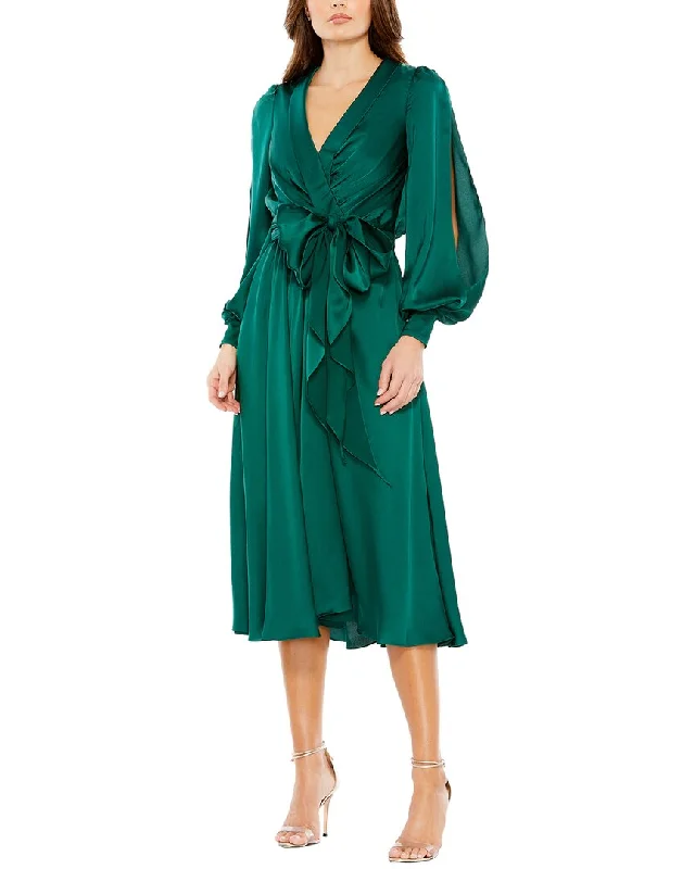 Mac Duggal Collared Faux Wrap Bishop Sleeve Flowy Dress